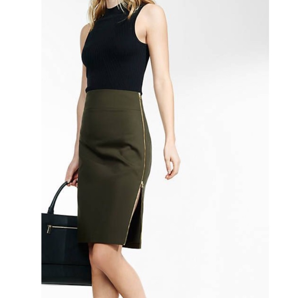Express Green Side Zipper Midi Pencil Skirt